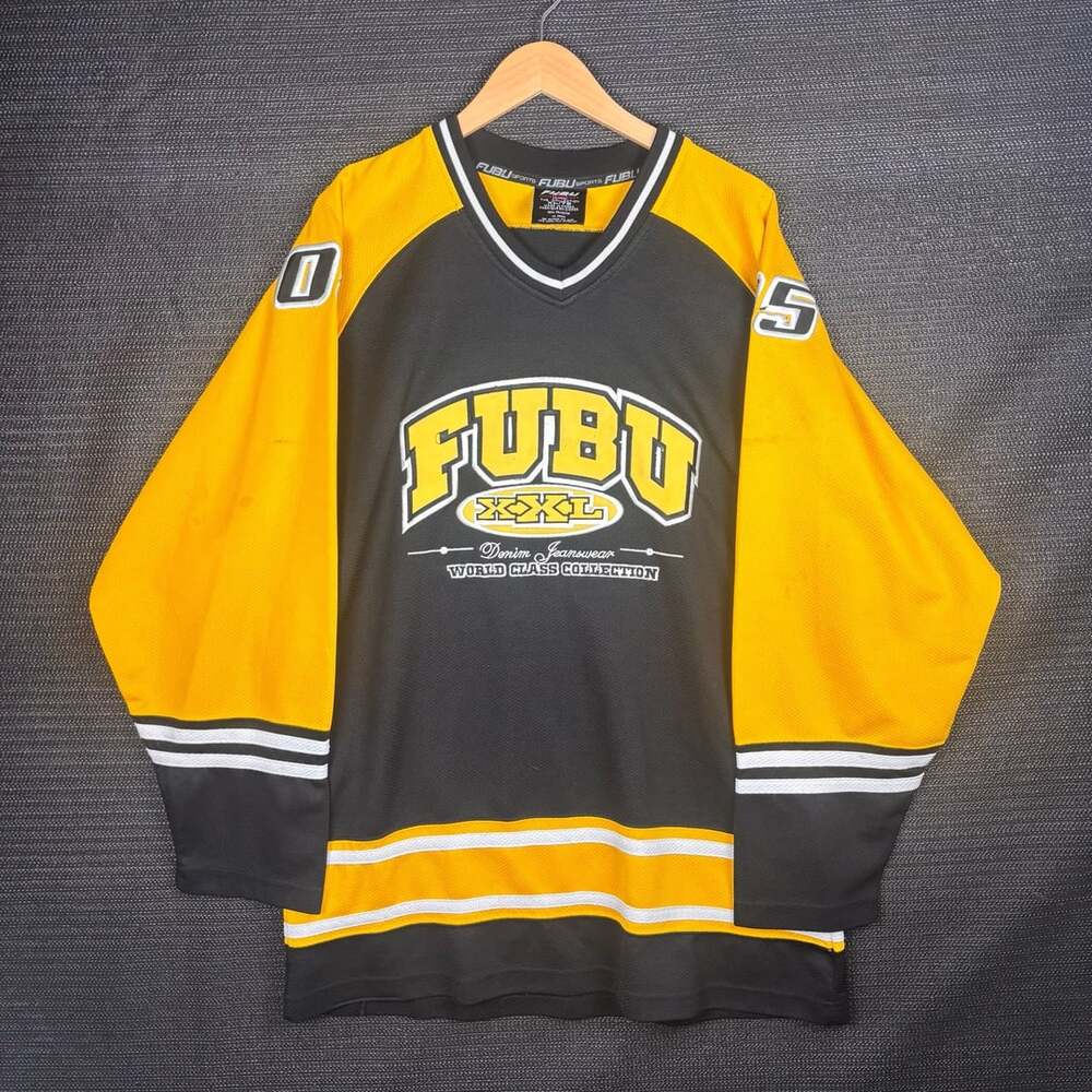 FUBU Hockey Jersey Size XXL Black Yellow Long Sleeve Vintage